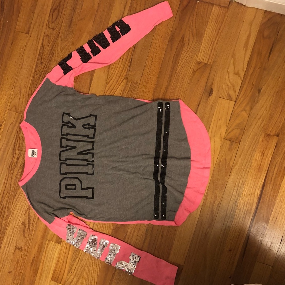 Gray and hot pink sequin detail long sleeve shirt